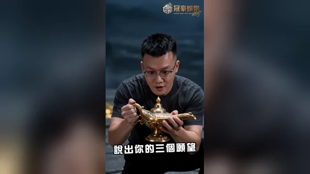 男子手持發光神燈召喚戰神、雷神與巴風特的 AI 遊戲特效畫面